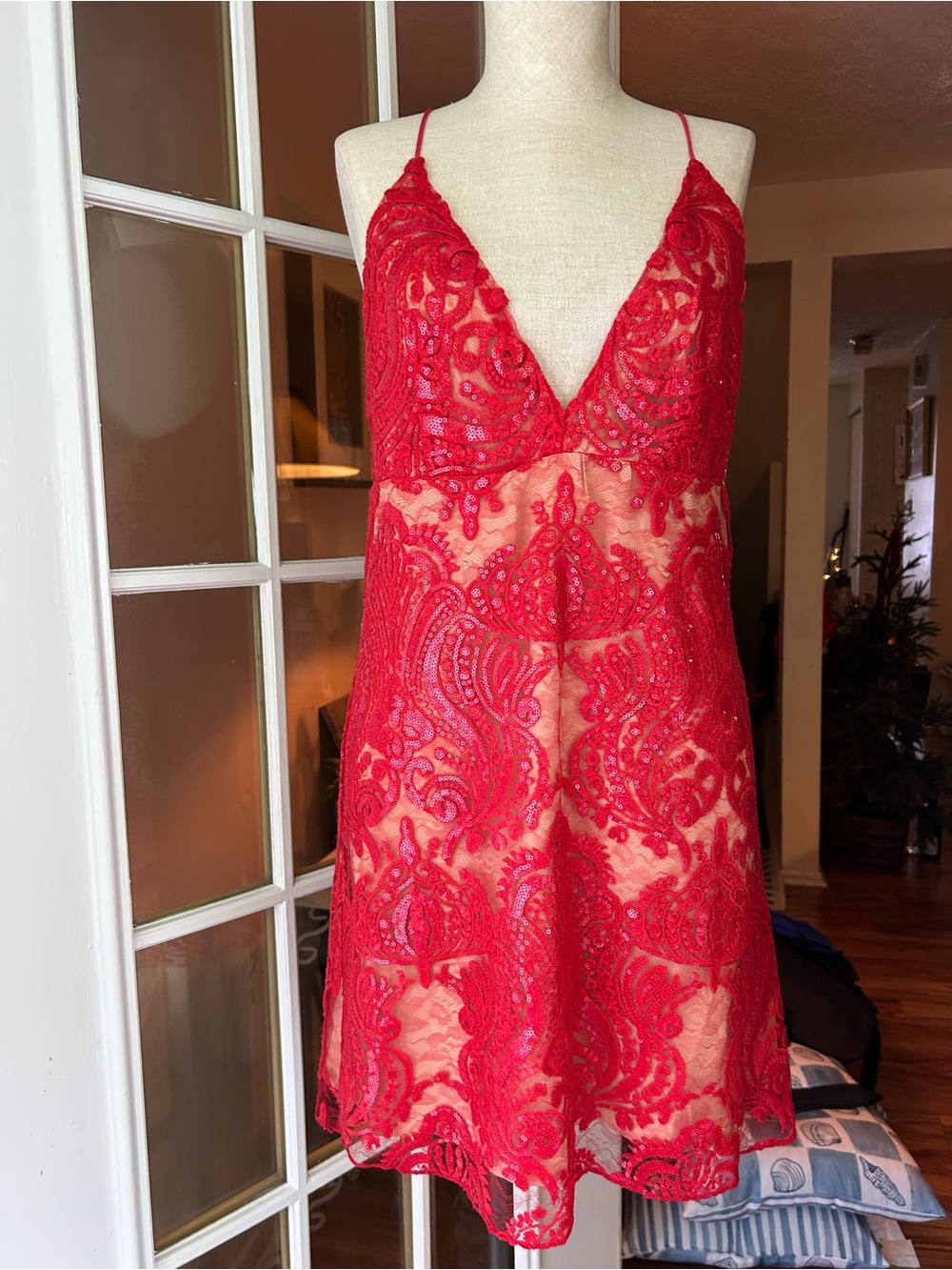 Free People shimmers lace slip dress size 8. Red/tan. New with tags. Party!